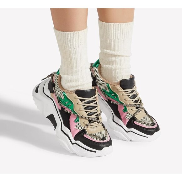 Brand New Women Black/Green PU+Mesh Chunky Dad Sneakers TPE Sole Retro - Picture 9 of 9